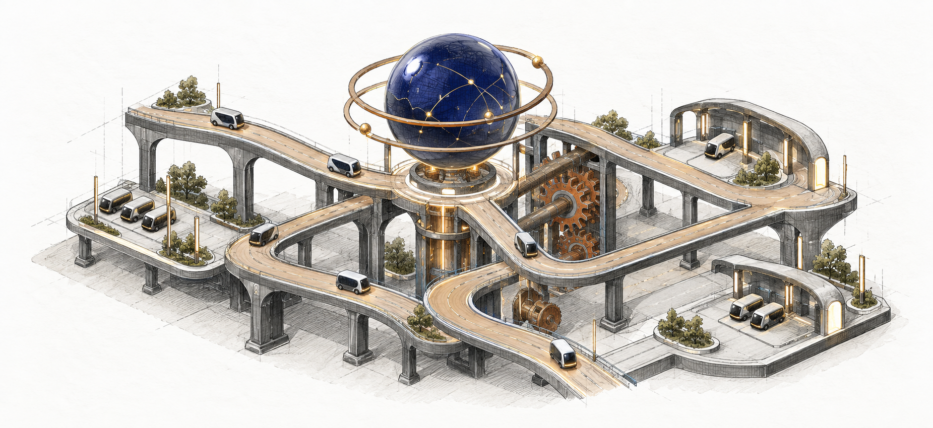 An original architectural sketch of autonomous vehicles moving through a connected orchestration system
